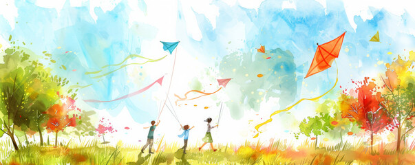 International Friendship Day background with a whimsical, watercolor painting of friends flying kites together in a park, with vibrant, flowing colors and a sense of joy.
