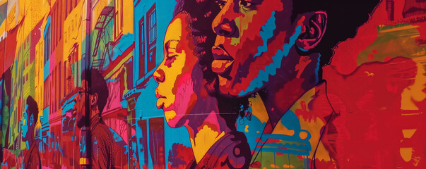 Obraz premium Juneteenth background featuring an artistic mural with vibrant colors, depictions of African American history and culture, set against a backdrop of an urban street.