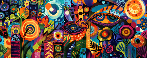Juneteenth background featuring vibrant African American artwork, colorful textiles, and celebratory motifs, set against a backdrop of an art gallery.