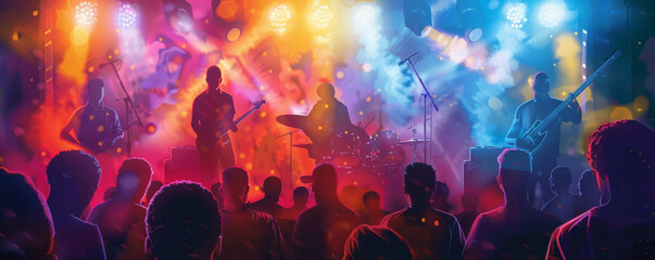 Juneteenth background showcasing a vibrant concert with African American musicians, colorful stage lights, energetic performances, set against a backdrop of a lively audience.