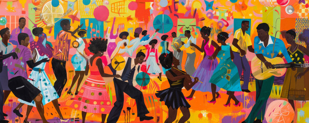 Obraz premium Juneteenth background showcasing a vibrant street festival with African American dancers, musicians, and artists, set against a backdrop of colorful decorations.