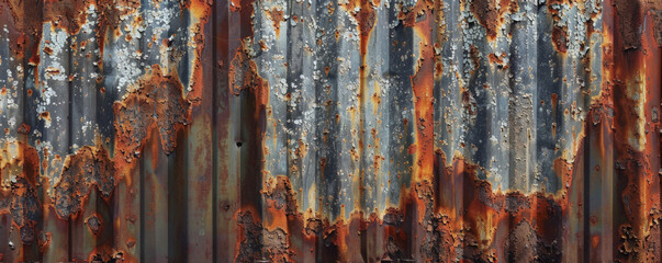 Metallic background featuring a corrugated iron texture, with rust and weathering details, evoking an industrial, gritty atmosphere, ideal for urban or dystopian-themed visuals.
