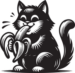 Vector illustration of The Funny Cat is eating a banana silhouette on white background