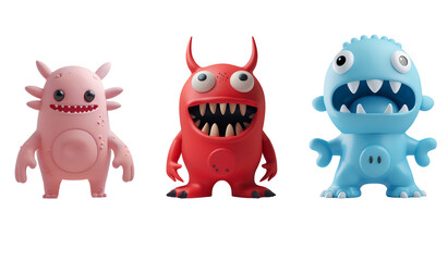 Fototapeta premium Set of 3D Render Illustration Cute and Happy Cartoon Chibi Monsters, Isolated on Transparent Background, PNG
