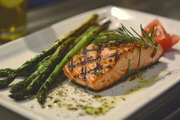 A beautifully arranged plate of grilled salmon with a side of asparagus