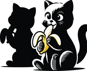 Vector illustration of The Funny Cat is eating a banana silhouette on white background