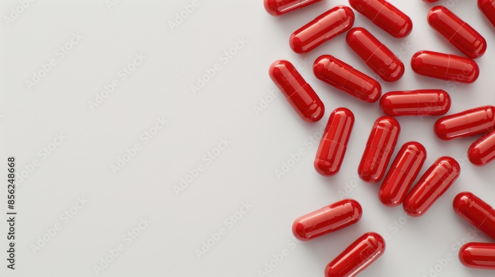 Poster red enzyme pills on plain background with space for text