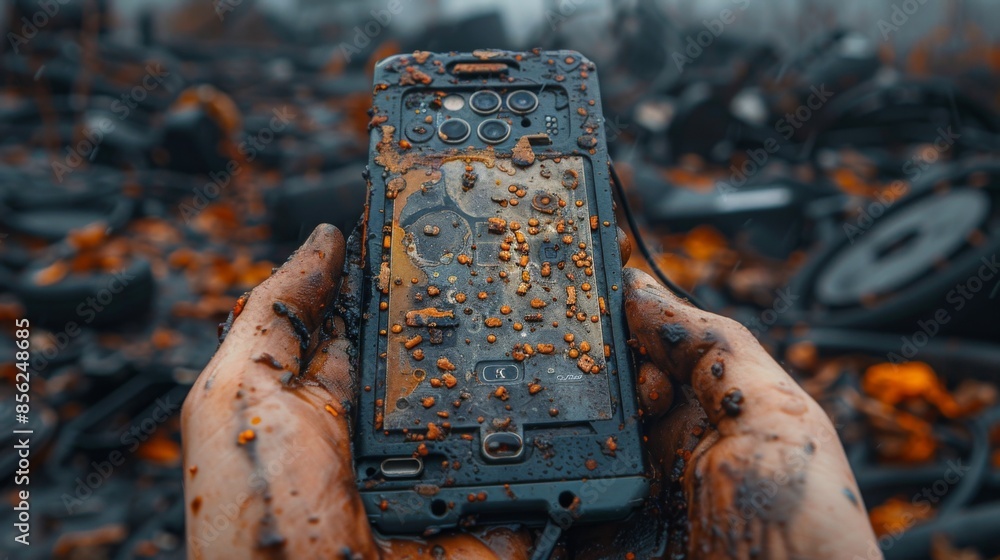 Poster capture the disappointment of a user unable to power on their broken smartphone, with a dead battery