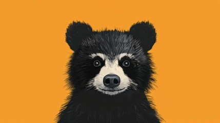 Fototapeta premium Black raccoon on orange background. A black raccoon with a simple orange background, highlighting its features.