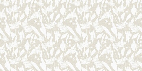 Seamless french gender neutral floral linen printed fabric border background. Light mottled white on grey cottage core block print pattern. Shabby chic woven duotone cloth effect. 