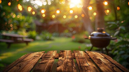 Summer time in backyard garden with grill BBQ, wooden table, blurred background 