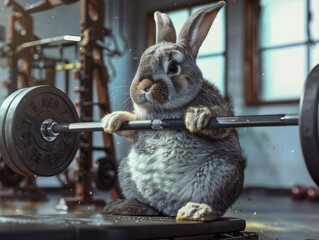 Cool Easter bunny doing a workout in the gym.