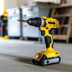 a perfectly safe power drill on the floor in a clean garage