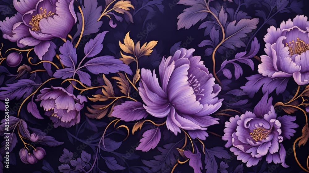 Wall mural Close-up texture of natural colorful, bright fabric, cloth background, purple folk ornament background