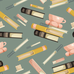 Books and tea cups on a green background. Seamless pattern. Vector illustration