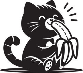 Vector illustration of The Funny Cat is eating a banana silhouette on white background