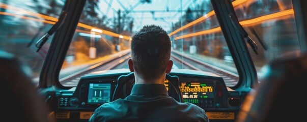 Man is using virtual reality to simulate train driving experience, driving license concept banner. Generative AI.