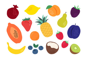 Set of cartoon fruits. Organic fruits collection in doodle style, vector illustration isolated on white background