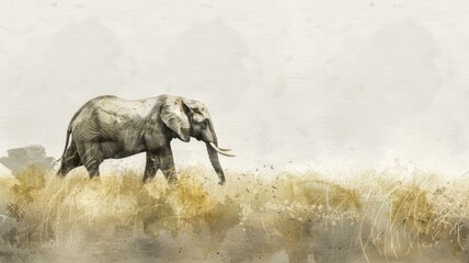 Fototapeta premium Watercolor Illustration of an Elephant in a Calm Landscape. Soft Hues and Peaceful Vibes.