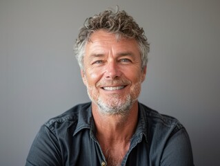 Obraz premium Portrait of a cheerful man in his 50s smiling at the camera isolated on minimalist or empty room background