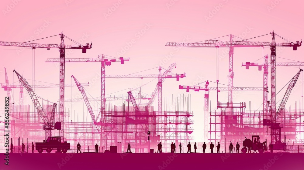 Poster capture the teamwork of cranes and forklifts as they work in unison to construct a skyscraper, with 