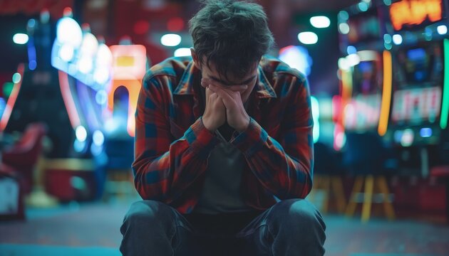 A person is sitting hunched over in despair, with a face hidden, in a vibrant arcade setting with colorful lights