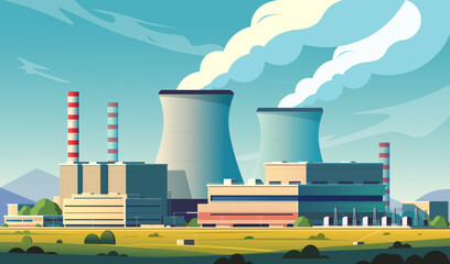 Illustration of a nuclear power plant with cooling towers and chimneys on a clear day. Vector illustration concept. Vector illustration