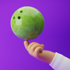 Cartoon hand holding bowling ball with one finger isolated over purple background. 3D rendering.