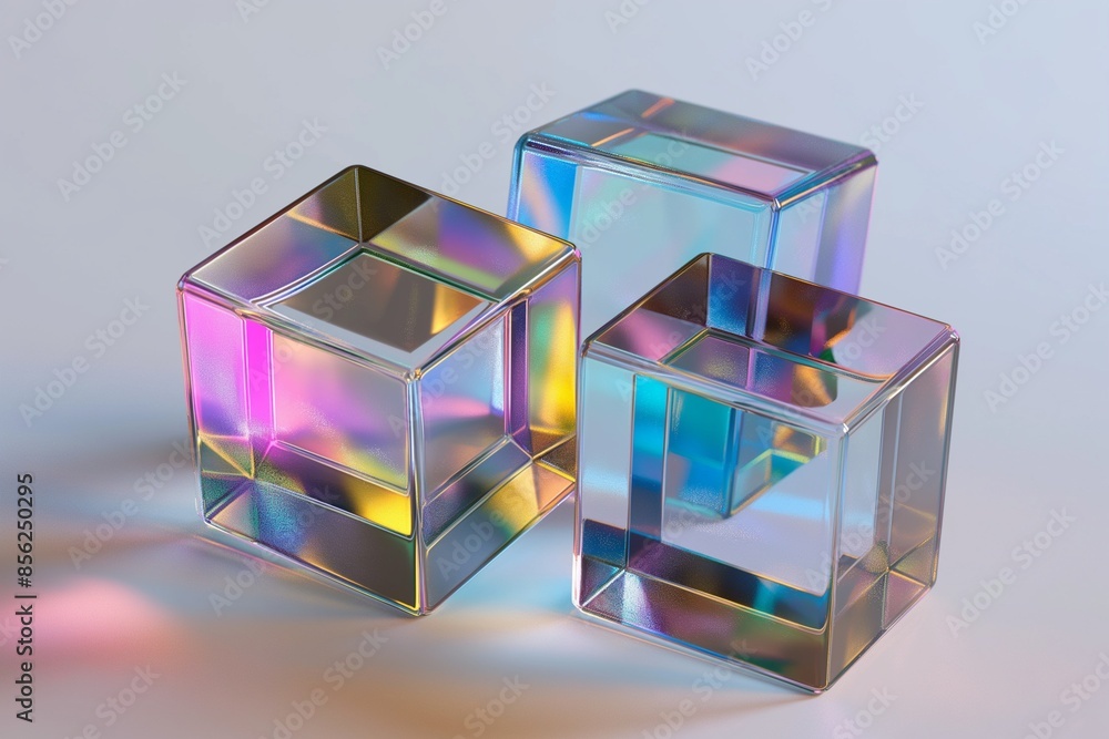 Poster abstract 3d rendering featuring 3 floating iridescent glass cube against a white background, highlig