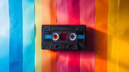 Classic cassette music tape placed on a transparent rainbow-themed background
