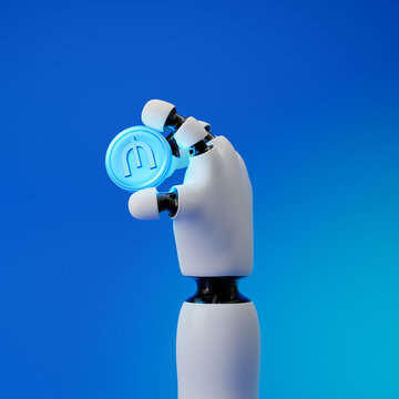 Robot cartoon hand holding digital coin with manat sign isolated over blue background. 3D rendering.