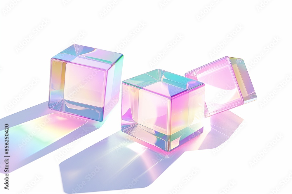 Poster abstract 3d rendering featuring 3 floating iridescent glass cube against a white background, highlig