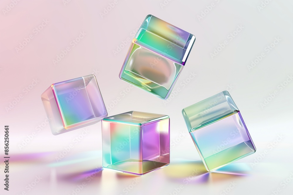 Poster abstract 3d rendering featuring 3 floating iridescent glass cube against a white background, highlig