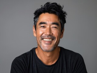 Fototapeta premium Portrait of a happy asian man in his 40s smiling at the camera isolated on minimalist or empty room background