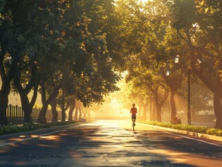 sunrise morning jogging on the street, athlete tree background