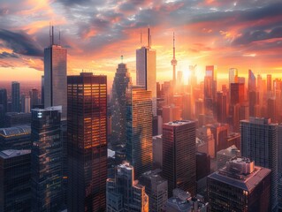 Fototapeta premium Urban skylines at sunset. Stunning image captures essence of modern cityscape showcasing dynamic interplay of architecture business and life. Towering skyscrapers dominate city economic and design