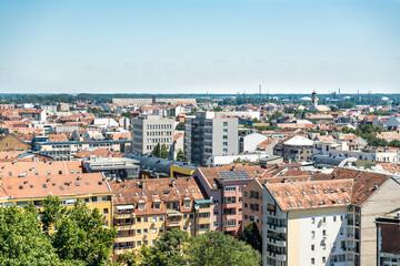 Obraz premium Panoramic view of Novi Sad, Serbia. Rooftops of buildings from high point of view.