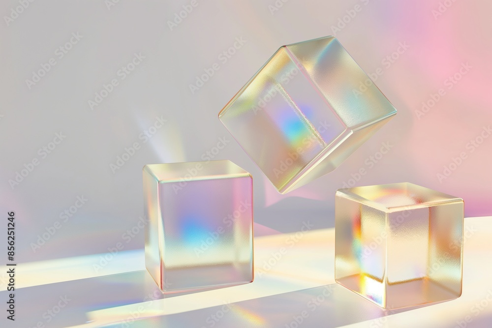 Poster abstract 3d rendering featuring 3 floating iridescent glass cube against a white background, highlig
