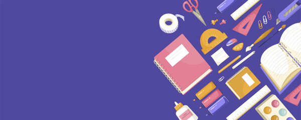 Various school supplies arranged on a purple background. Vector illustration