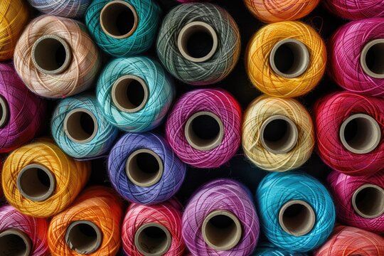 Assorted spools of multi coloured cotton threads  abstract textile industry background