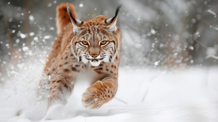 Obraz premium Agile lynx pouncing through a snowy wilderness