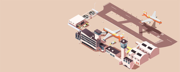 Isometric illustration of an airport with planes and surrounding buildings on a beige background, concept of aviation logistics. Vector illustration