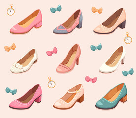 Various elegant womens shoes with distinct designs, along with bows and watches on a soft-colored background. Vector illustration