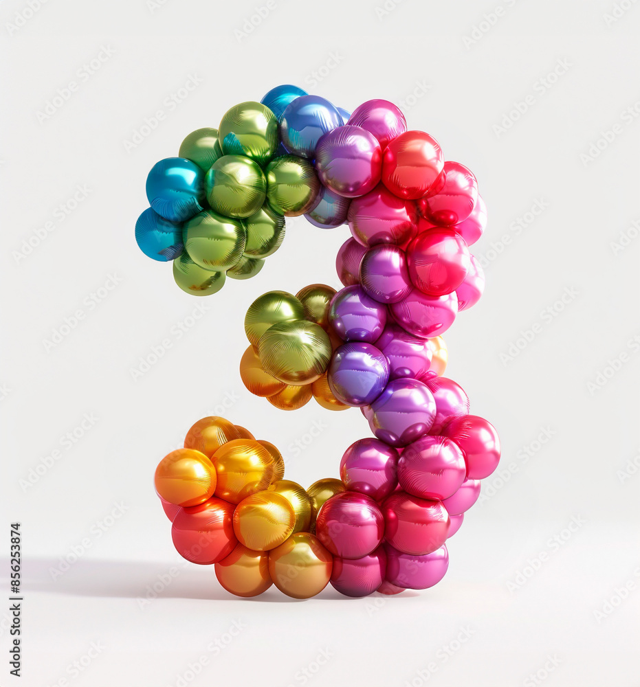 Fototapete ai generated photo with inflatable number 3 from multicolored balloons. minimalistic numbers isolate