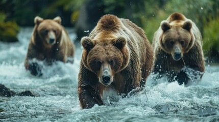 Powerful bears fishing in a river
