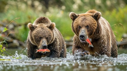 Obraz premium Powerful bears fishing in a river