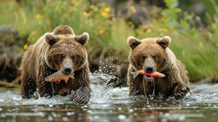 Obraz premium Powerful bears fishing in a river