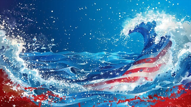 A wave crashing over a blue ocean with a red, white and blue American flag in the water