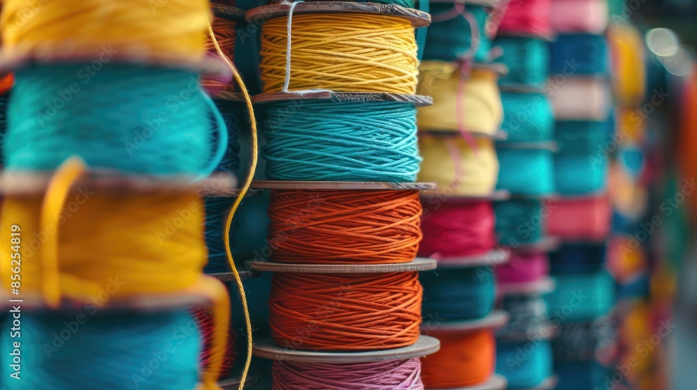 Poster selective focus on multicolored industrial yarn pulleys stacked in rows with shallow depth of field
