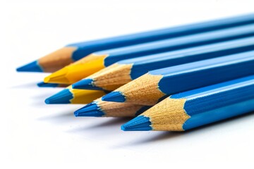 A row of blue wooden pencils with one yellow pencil misaligned.